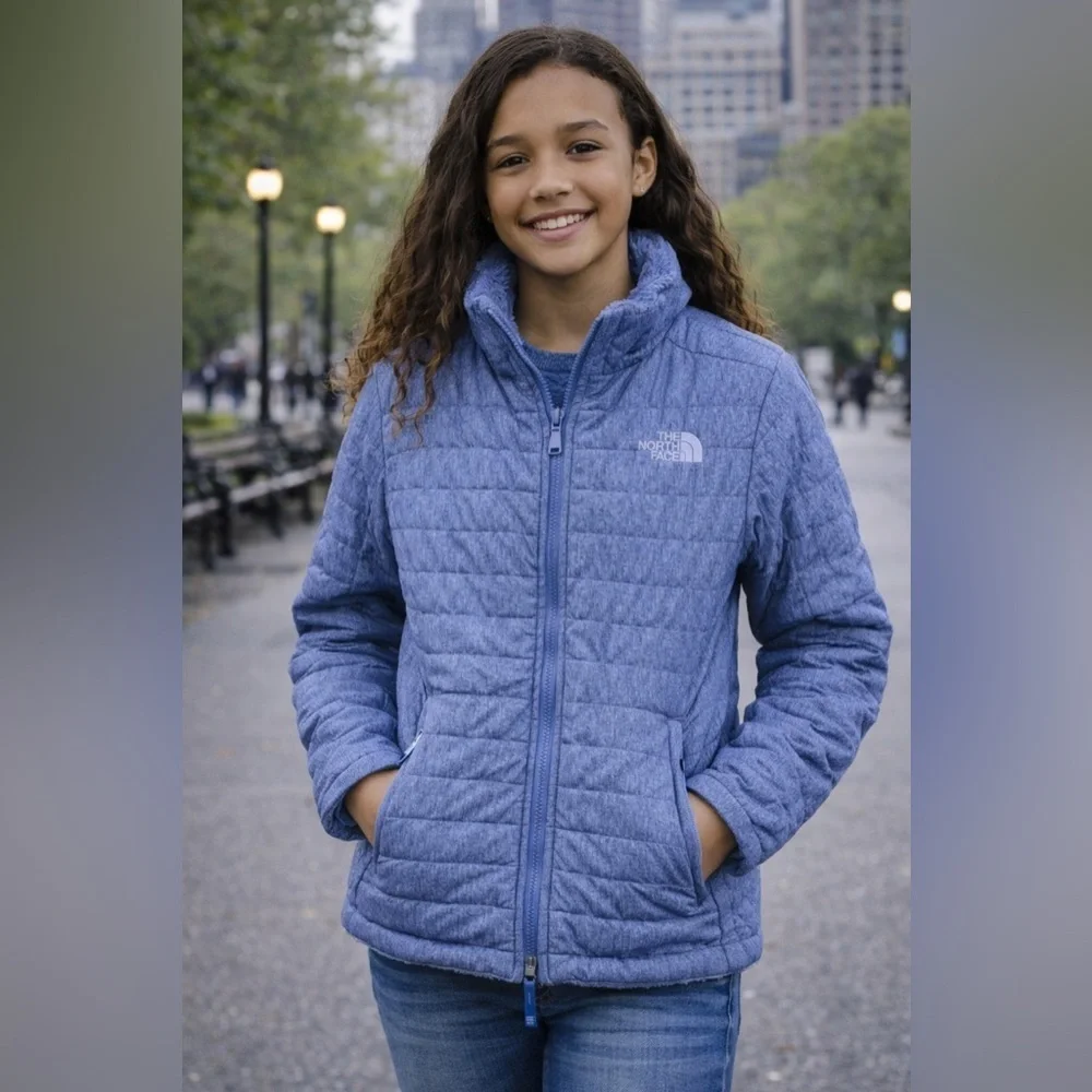 The North Face Girls Reversible Fleece Puffer Jacket Blue L 14/16 Quilted Coat
